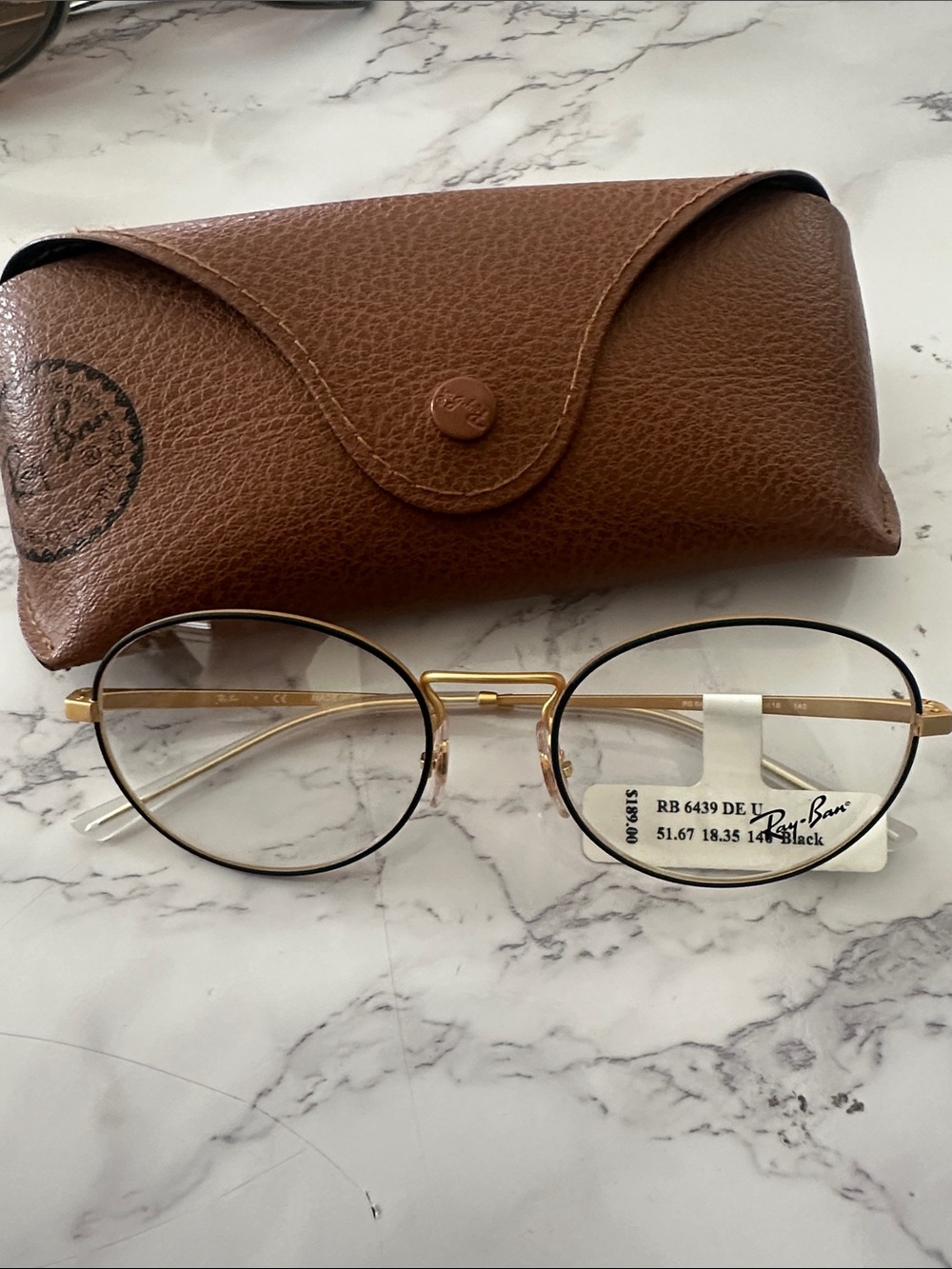 Ray-Ban Gold Frame with Black Rim Round Eyeglasses and Brown Case